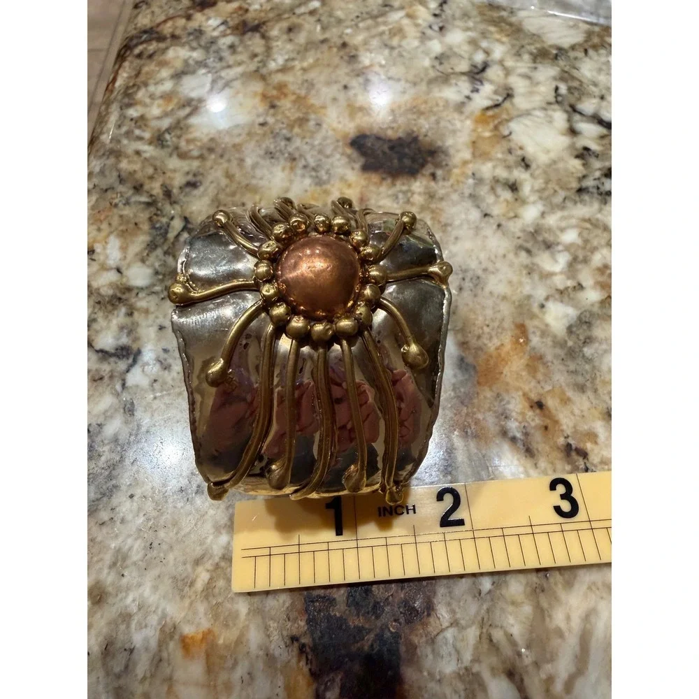 Artisan Mixed Metal Cuff Bracelet Tri-Tone Sunburst Hammered Silver Gold Copper